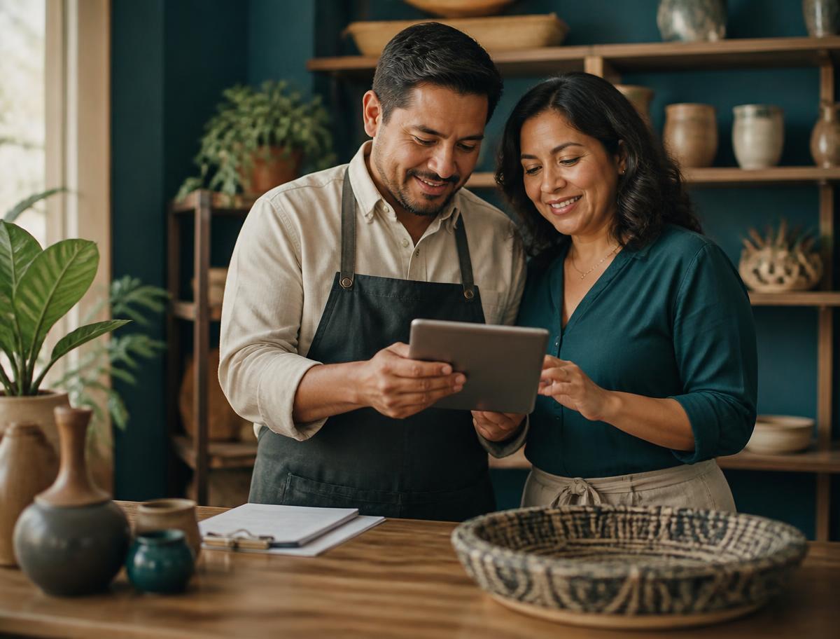 Pareja de emprendedores latinos revisando documentos de su negocio